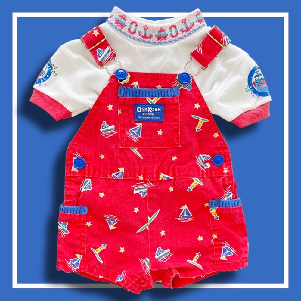 Vintage Oshkosh Boat Shortalls & Tee - 6/9m & 3/6m - EVC